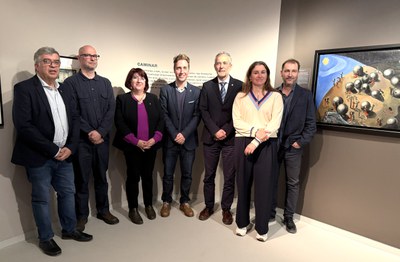 Formalització de l’acord al Museu de l’Empordà, aquest divendres. D'esquerra a dreta: Josep Maria Bernils (tinent d'alcalde), Eduard Bech Vila (director del Museu de l'Empordà), Mariona Seguranyes (regidora de Cultura i Patrimoni), Jordi Masquef (alcalde de Figueres), Josep Calbó (rector de la UdG), Maria Lluïsa Faxedas (directora de la Càtedra d’Art i Cultura Contemporanis) i Ignasi Rodríguez-roda (vicerector de la UdG).